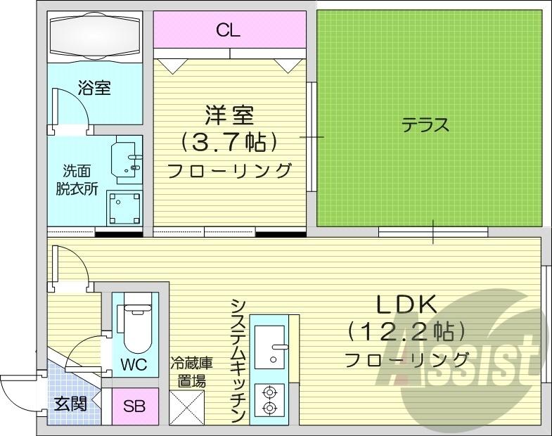 1LDK、エアコン、都市ガス、システムキッチン