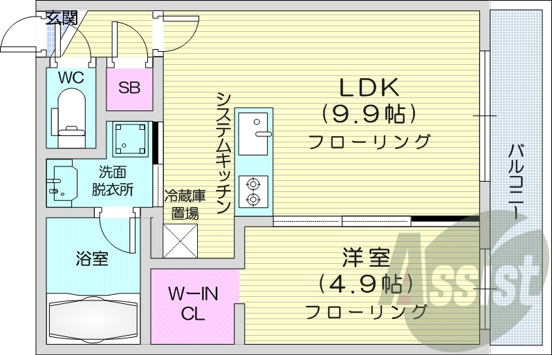 1LDK、エアコン、都市ガス、システムキッチン