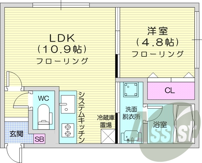 1LDK、エアコン、システムキッチン、独立洗面台