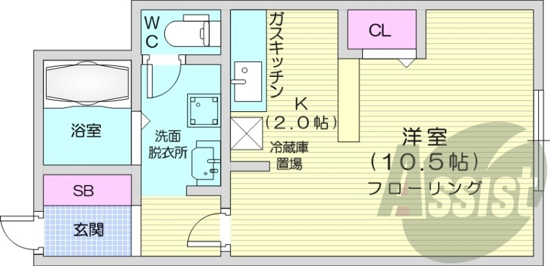 1K、エアコン、独立洗面台、ガスキッチン