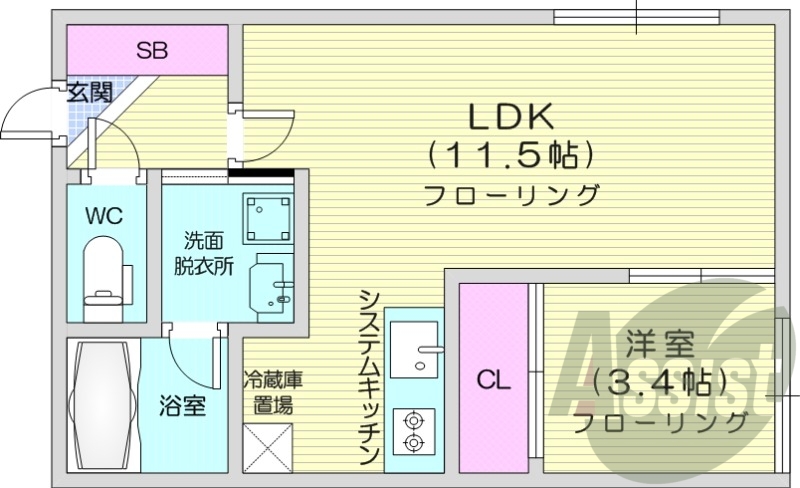 1LDK、エアコン、システムキッチン、独立洗面台