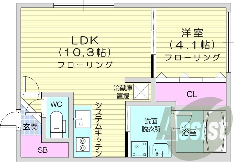 1LDK、エアコン、システムキッチン、独立洗面台