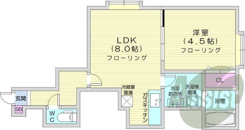 1LDK、灯油暖房、室内洗濯機置場、独立洗面台