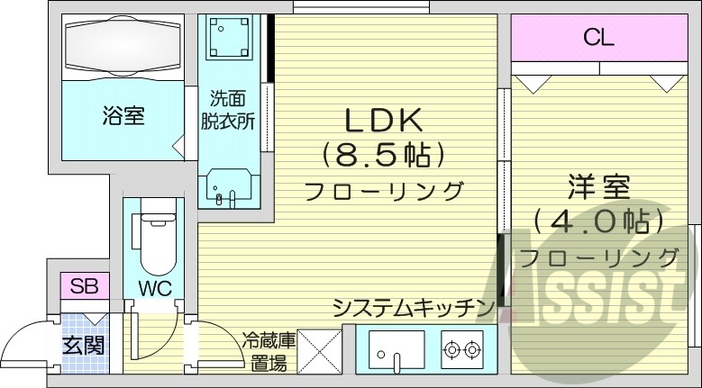 1LDK、エアコン、浴室乾燥機、システムキッチン、ネット無料