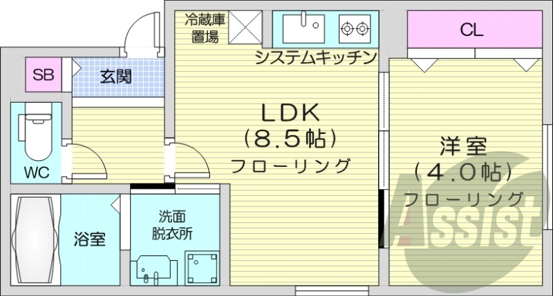 1LDK、エアコン、浴室乾燥機、システムキッチン、ネット無料