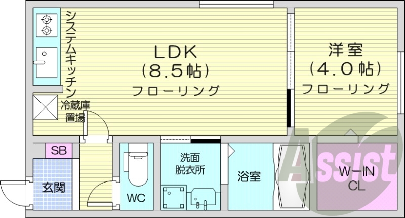 1LDK、エアコン、浴室乾燥機、システムキッチン、ネット無料