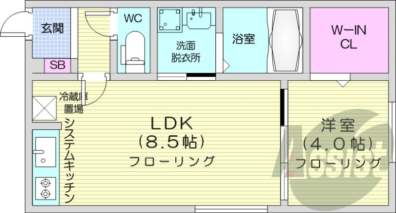 1LDK、エアコン、浴室乾燥機、システムキッチン、ネット無料