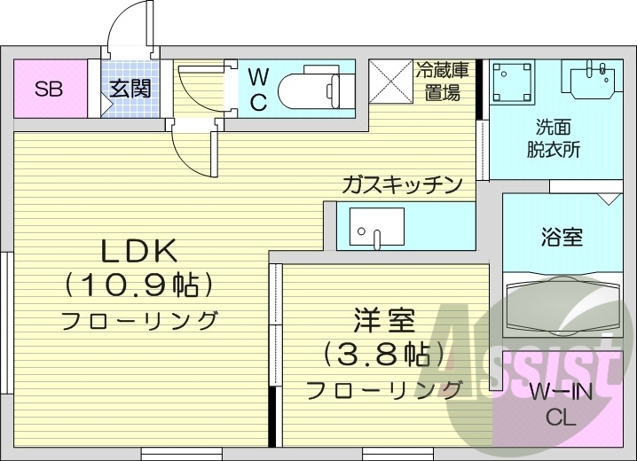 1LDK、エアコン、灯油暖房、バストイレ別