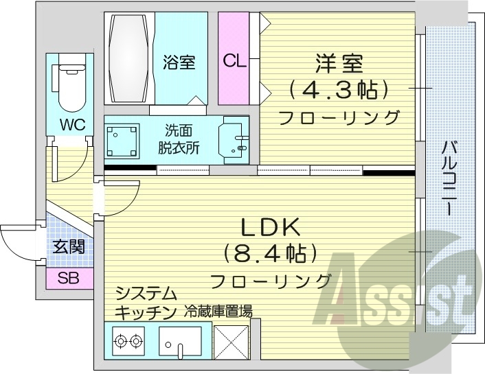 1LDK、都市ガス、エアコン、システムキッチン、ネット無料