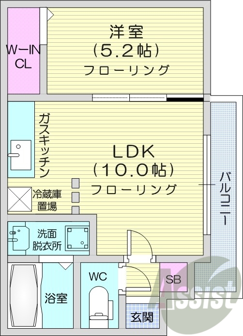 1LDK、バストイレ別、オートロック、灯油暖房