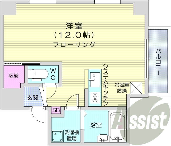 1K、エアコン、灯油暖房、洗面台、システムキッチン