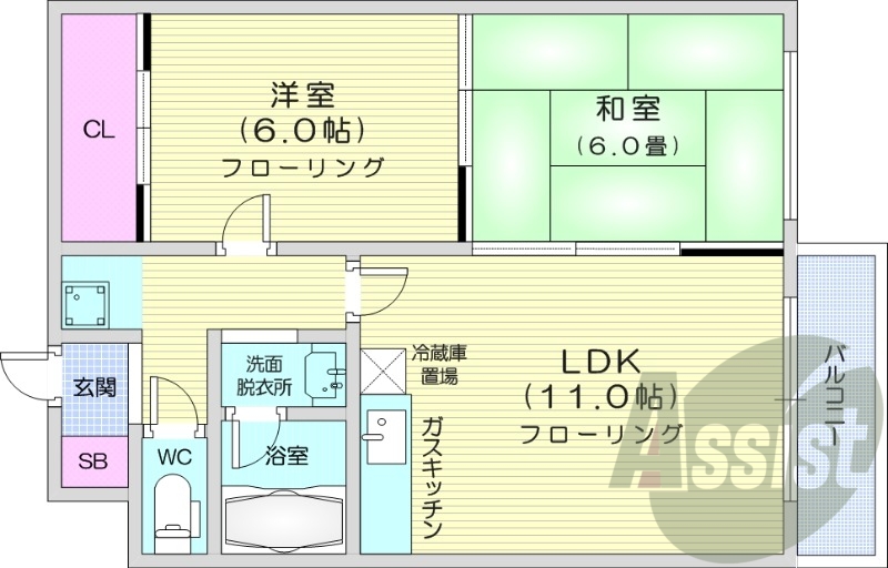 2LDK、角部屋、灯油暖房、バルコニー、エレベーター
