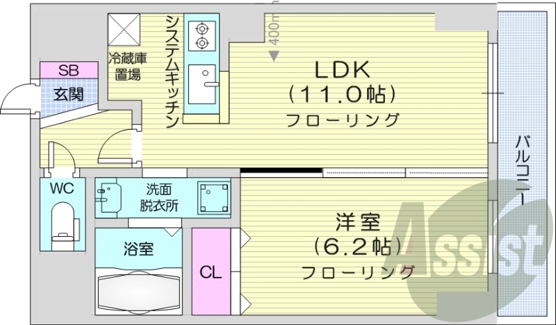 1LDK、システムキッチン、洗髪洗面化粧台