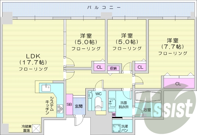 3LDK、都市ガス、ペット飼育可能、無料駐車場