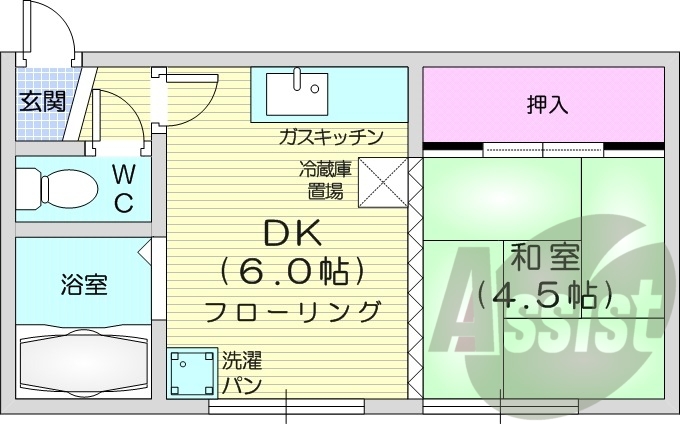 1DK、バス・トイレ別、都市ガス、押し入れ