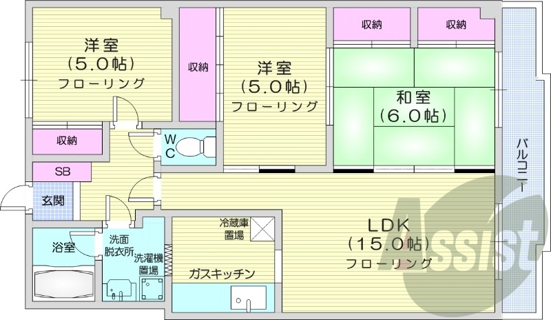 3LDK、ガス暖房、独立洗面台、風呂トイレ別
