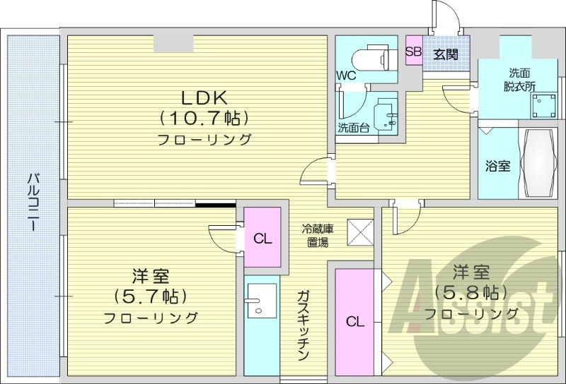 2LDK、都市ガス、独立洗面台、ガスキッチン