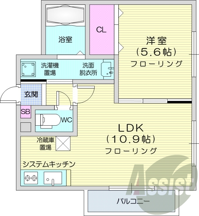1LDK、エアコン、都市ガス、システムキッチン