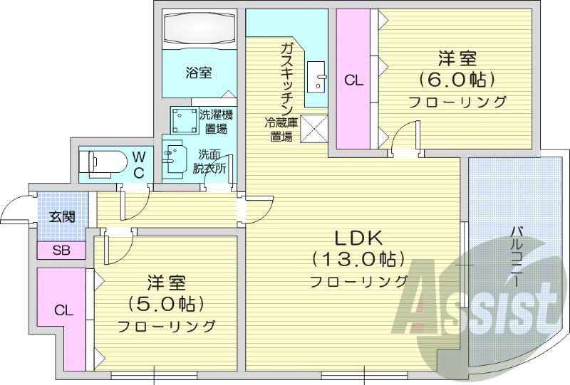 2LDK、灯油暖房、独立洗面台、ガスキッチン