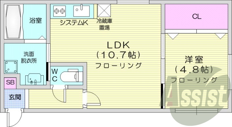 1LDK、エアコン、都市ガス、システムキッチン