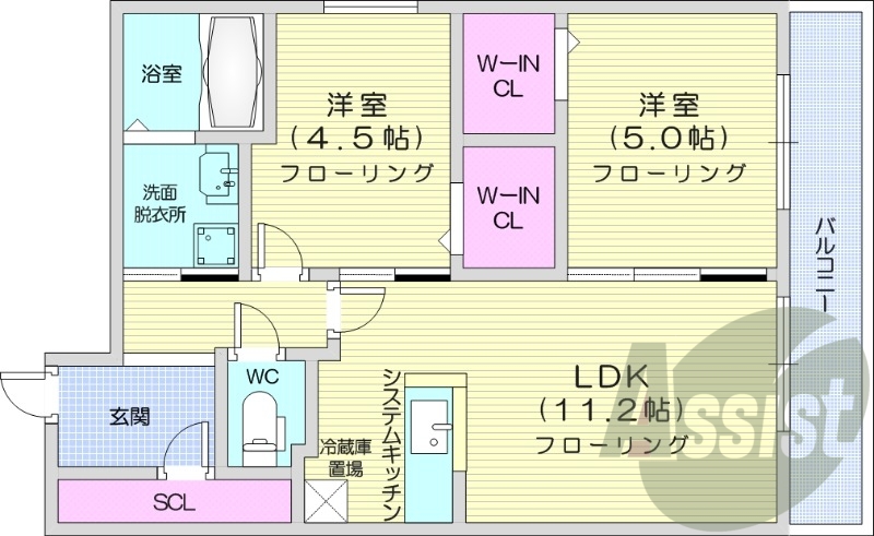 2LDK、エアコン、灯油暖房、バルコニー、オートロック