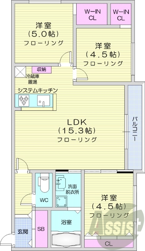 3LDK、エアコン、都市ガス、ネット無料