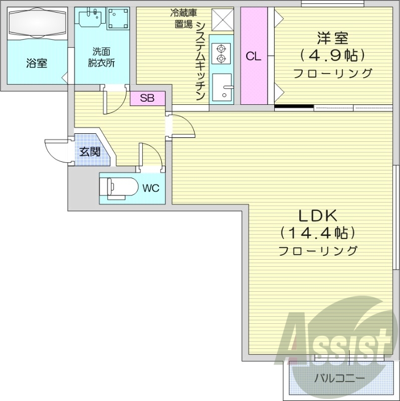 1LDK、収納、角部屋、都市ガス、ガス暖房