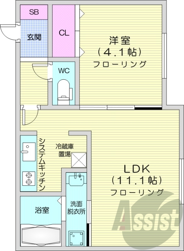 1LDK、エアコン、都市ガス、システムキッチン