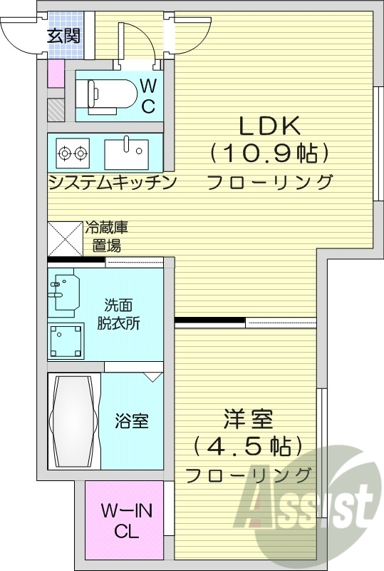 1LDK、エアコン、都市ガス、システムキッチン