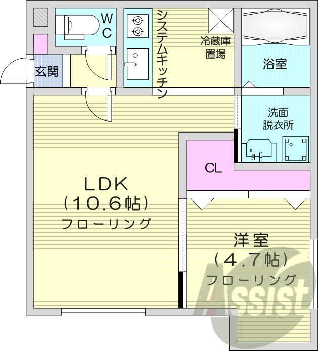 1LDK、エアコン、都市ガス、システムキッチン