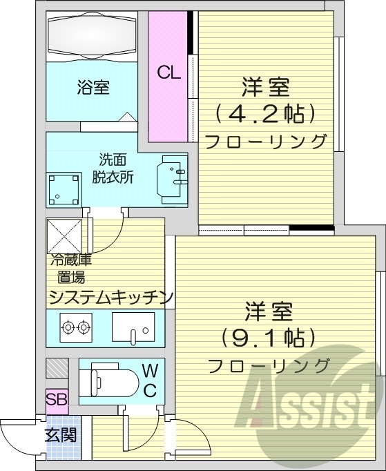 1LDK、エアコン、都市ガス、システムキッチン