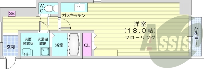 1K、角部屋、バストイレ別、ネット使用料無料