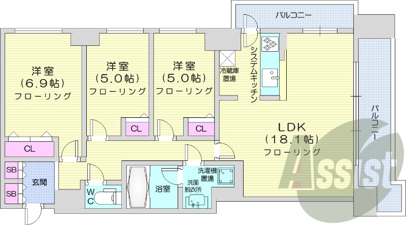 3LDK、都市ガス、システムキッチン、追い焚き
