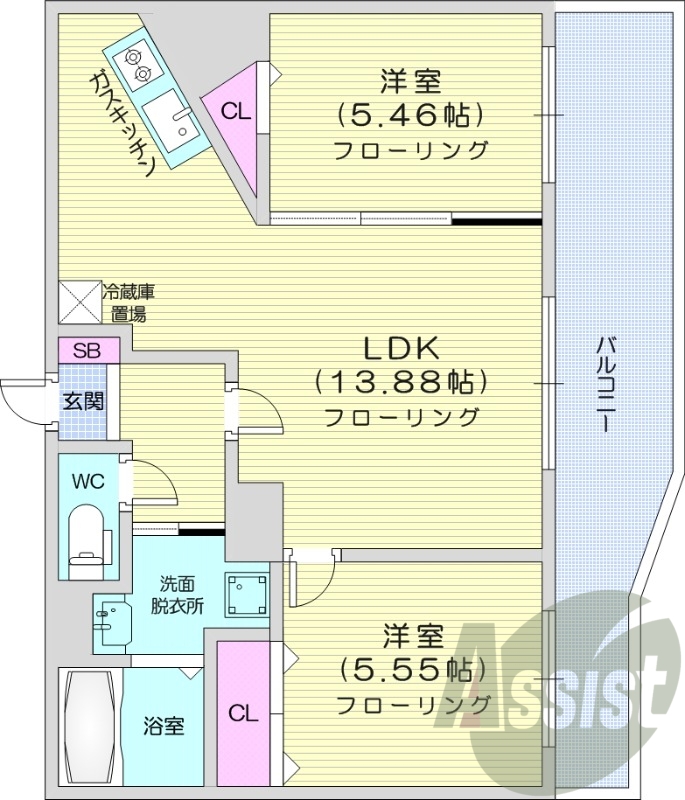 2LDK、灯油暖房、エアコン、シャンドレ