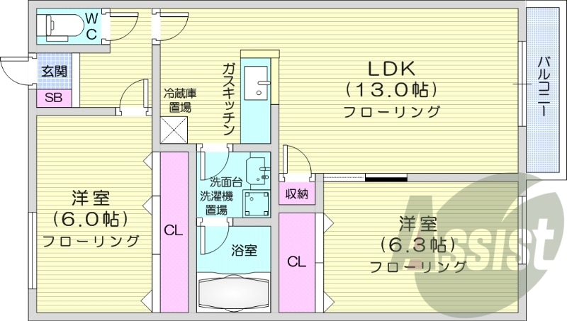 2LDK、都市ガス、追い焚き機能、オートロック、独立洗面台