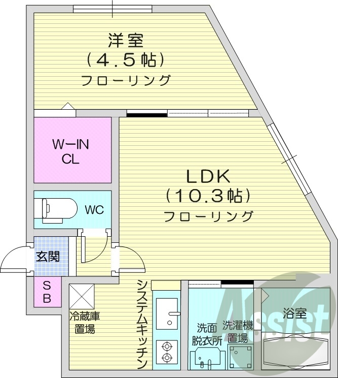 1LDK、角部屋、都市ガス、追い焚き、浴室乾燥機