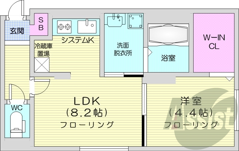 1LDK、都市ガス、エアコン、システムキッチン