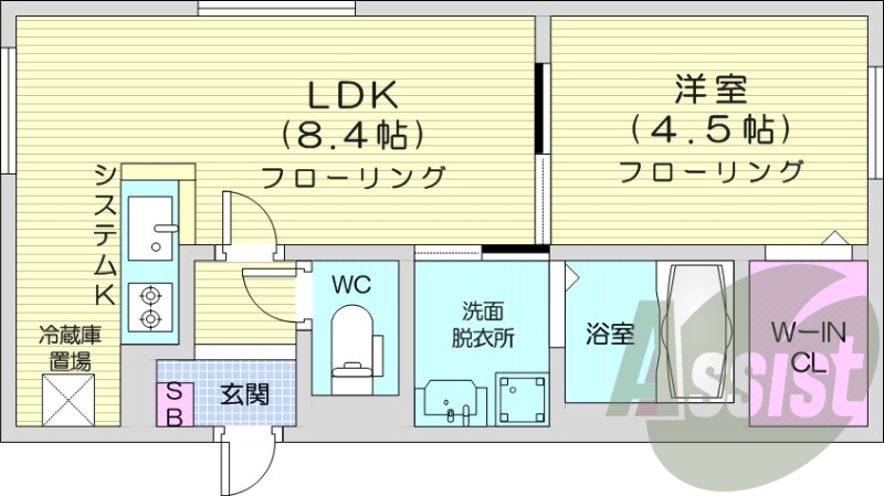 1LDK、都市ガス、エアコン、システムキッチン