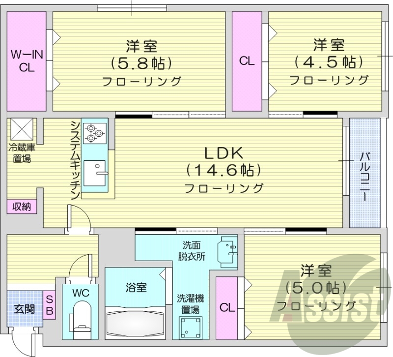 3LDK、エアコン、都市ガス、宅配ボックス、ネット無料