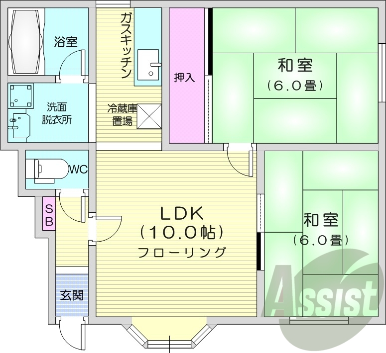 2LDK、都市ガス、独立洗面台、バストイレ別