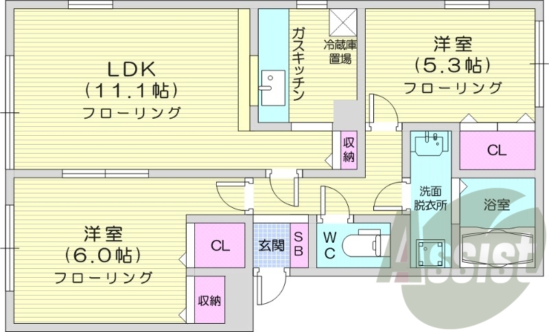 2LDK、独立洗面台、灯油暖房、トランクルーム