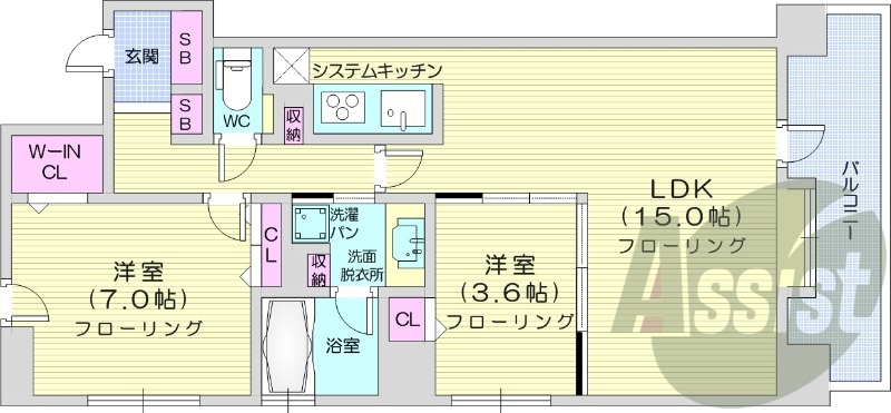 2LDK、都市ガス、システムキッチン、シャンプードレッサ