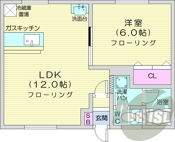 1LDK、バストイレ別、灯油暖房、ペット可