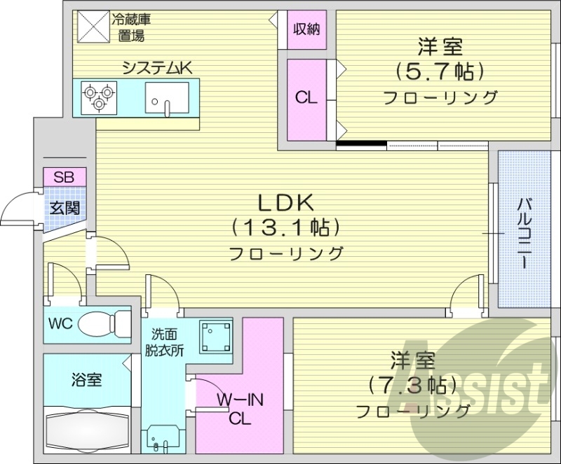 2LDK、都市ガス、エアコン、追い焚き、システムキッチン
