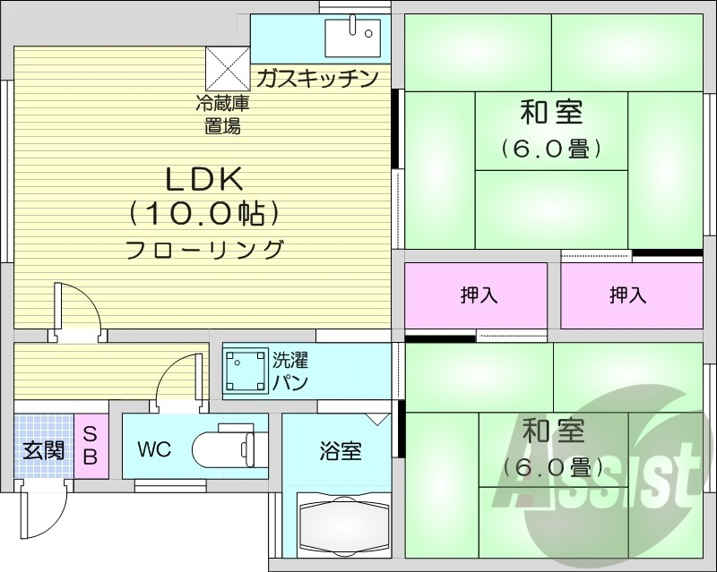 2LDK、灯油暖房、角部屋、ネット無料、バストイレ別