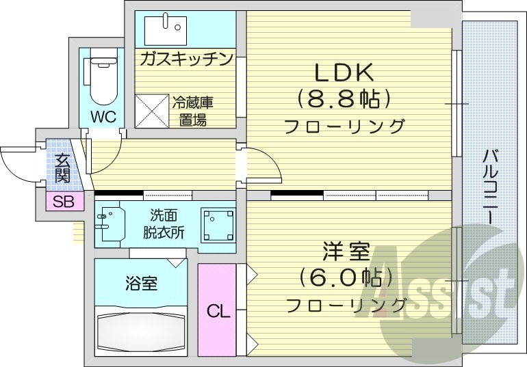 1LDK、灯油暖房、独立洗面台、シャワートイレ、バストイレ別