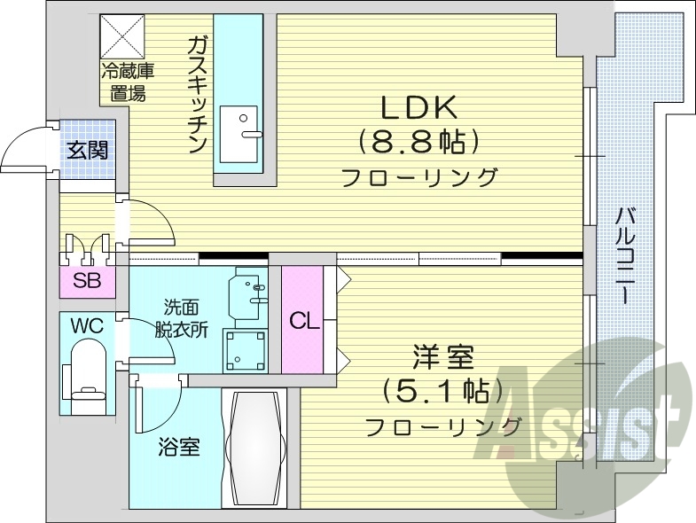 1LDK、バルコニー、オートロック、バストイレ別