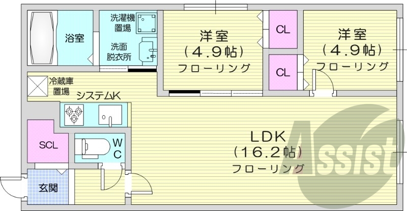 2LDK、都市ガス、システムキッチン、ネット無料