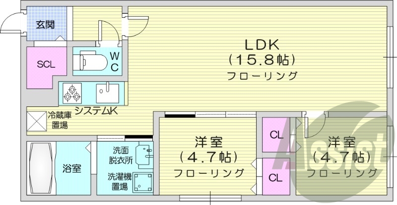 2LDK、都市ガス、システムキッチン、ネット無料