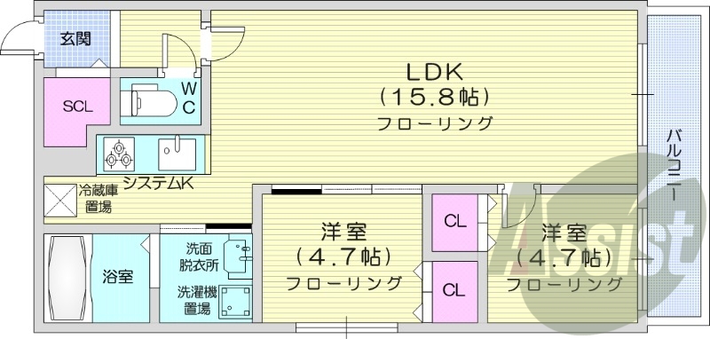2LDK、都市ガス、システムキッチン、ネット無料